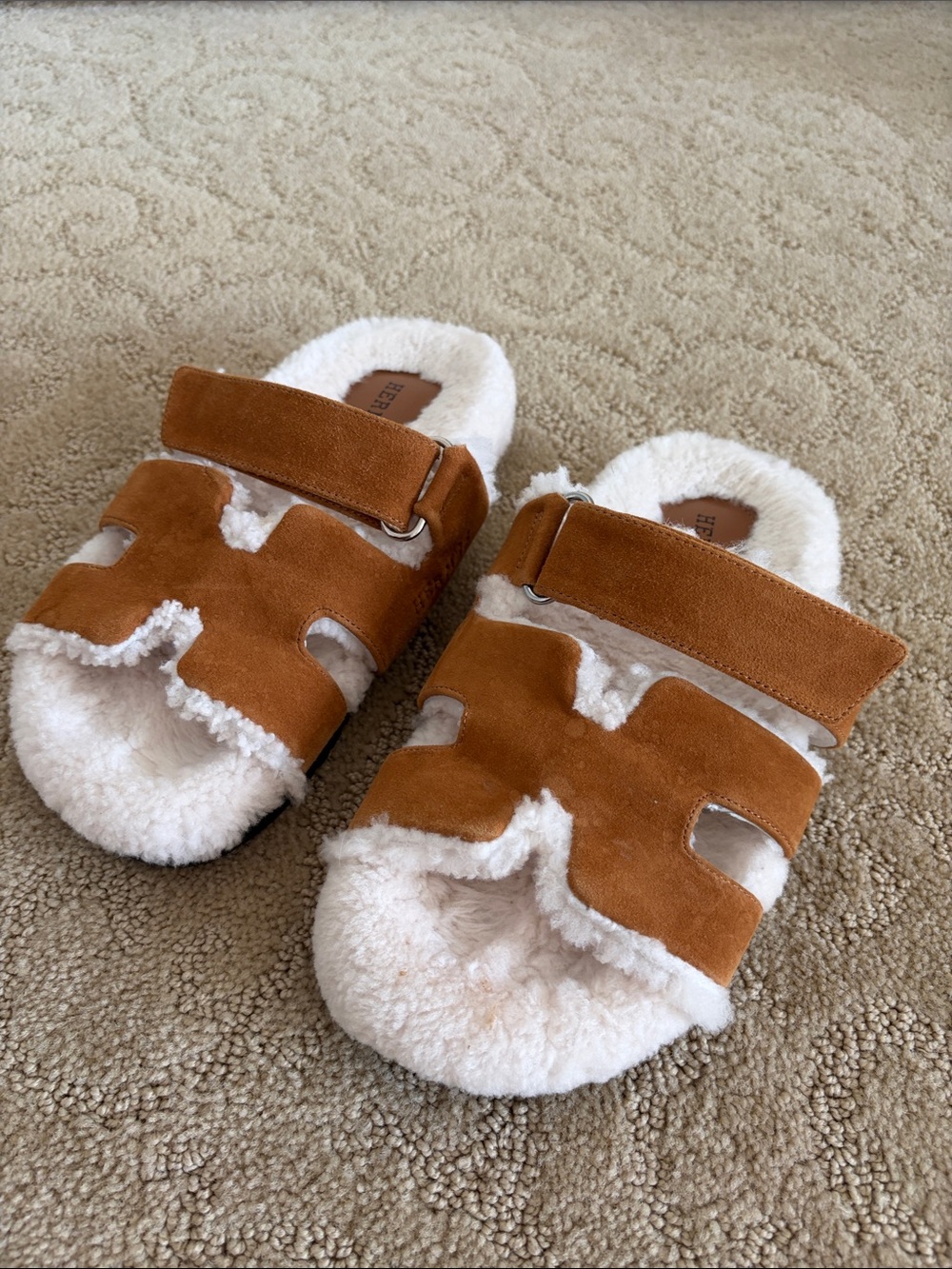 Woman Cozy Faux-Shearling Slide Sandals in Chestnut